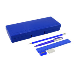 Plastic - Includes pen, pencil. 15cm ruler, Eraser and sharpener