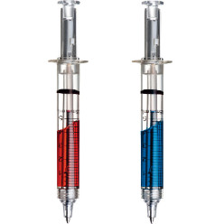 Plastic syringe pen. blue and red ink