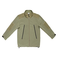 Soft Shell 100% polyester tone on tone contrast panels, high collar, zip up jacket with 3 front zip pockets, Velcro cuff closures