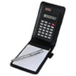 Notepad includes pen and calculator made from koskin material with double stitching on top and pen holder