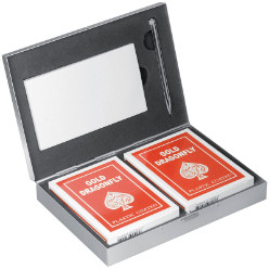 Two playing card sets and a notepad with ball pen. supplied in a metal case.