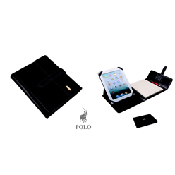 Suede leather, note pad included, trifold tab closure