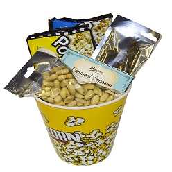 Popcorn hamper includes Beyers caramel popcorn, microwave popcorn, 50g caramel coated nuts, 60g biltong and filled with popcorn tub with straw