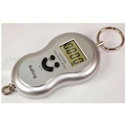 Battery operated hand held scale with digital screen and keyring loop.