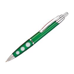 Good quality sprayed silver plastic pen with chrome trim and rubberized grip