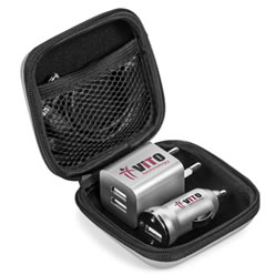 Car Charger, Wall Charger, 3-Way connector cable in PU & EVA case