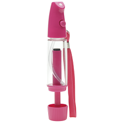 Mini mister spray bottle, ABS material, push button to mist, matching colour wrist strap, 30ml capacity, pump action