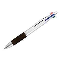 Silver plastic pen with rubber grip, with 4 ink colours, black, blue, red and green
