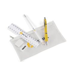 Pouch with 15cm ruler, pen, pencil, sharpener, eraser