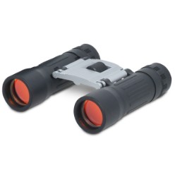 10 x 25 ruby lens silver and black binoculars with strap. Packaged in a black nylon pouch.
