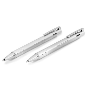 An elegant ball pen and clutch pencil set sure to be appreciated by its recipient, barrel aluminium with gloss lacquered coating, clip, tip & trim polished chrome, pen with black German ink, clutch pencil with 0.5mm lead, tin case 15.8 ( l ) x 5.4 ( w ) x 1.9 ( h )? Available in two colours, both pen set colours include a silver case.