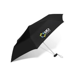 An affordable quality compact umbrella available in 9 bright colours. Folds up making it easy to store away or travel with. Features 6 panels aluminium shaft colour co-ordinated handle and pouch? PP handle with rubberised coating ? 190T pongee (89 dia)  Pouch 23.3 ( l ) x 6.5 ( w ) x 3.5 ( d ). Sublimation branding available on the white only.
