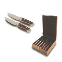 Polished stainless steel knifes with wooden handles, packed in a wooden box