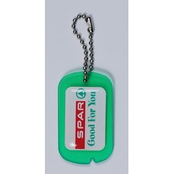 A Rectangle domed key ring that is available in various colours that can be customised with Dome sticker/sticker with your logo and other methods.