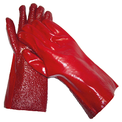 The red PVC gloves on with a rough palm and a smooth backhand, has a resistance to oil, grease, and chemicals, this glove protects the forearm and hand, it is interlocked line for easy wearing on and off, it is made of rubber and it is used by automotive, fisheries, pharmaceutical, petroleum refining, forestry, manufacturing, chemical processing, electrical, general purpose, maintenance, It is a safety tool that comes with 72 pairs per box.