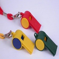 A Referee whistle with cord lanyard that is available in various colours that can be customised with Pad printing with your logo and other methods.