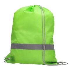 Drawstring bag made from 190T Polyester fabric with overlocked inner seams, a reflective band and a backpack carry cord.