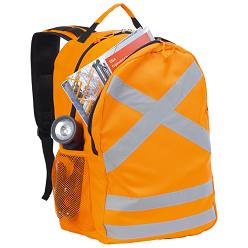 Material: 600Dx600D/PU, Large zippered main compartment, padded adjustable shoulder straps, carry handle front zippered compartment, reflective safety accents, mesh side pockets