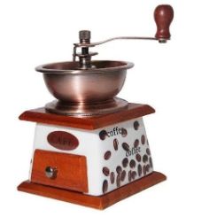 Hand operated coffee grinder with coffee bean print.