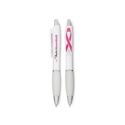 A great awareness pen with a ribbon shaped clip. Available in white with either pink clip or red clip. With black German ink.