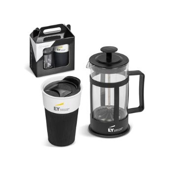 Generously sized glass cafetiere with heat resistant black plastic band and durable, heat resistant black plastic handle and plunger top, Includes BPA porcelain & silicone mug  0.36L, PP lid. plunger 16 ( h )  tumbler 14.4 ( h ), plunger glass, PP & stainless steel