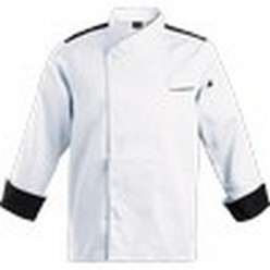 Roma Chef Jacket:New vibrant two-tone jacket design, with cross over neck line and concealed stainless steel studs. The back mesh panel allows for added comfort and ventilation. Other details include a thermometer sleeve pocket, contrast shoulder panels and a two piece sleeve with turn-up cuffs. 225g 65/35 Poly cotton fabric, available in long sleeves