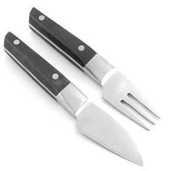 Carving knife and fork with polished stainless steel blades and wooden handles