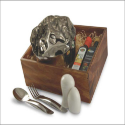 Re-useable wooden box, , round wave salad bowl polished stainless steel, turino salad servers, avocado oil, balsamic vinegar, white porcelain salt and pepper pots