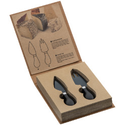 Stainless steel cheese knife and fork presented in a cardboard giftbox