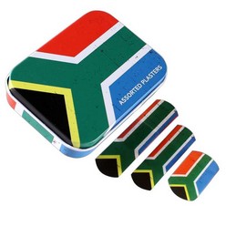 Set of 30 assorted latex free SA Flag Plasters in 3 different sizes each containing 10 plasters in the following sizes:  76 x 19mm  58 x 16mm 38 x 22 mm