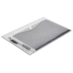 Transparent polypropylene pocket with stud closure, designed to fit an A5 notebook and a pen (contents not included)