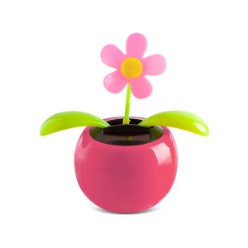 This adorable solar powered plastic flower moves from side to side when powered by the sunlight. It features a pink flower with plastic pot, and a solar cell. Plastic