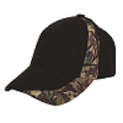 Safari insert panel camo cap, cotton detail on peak and crown, 4 needle stitch twill sweatband, heavy brushed cotton twill, embroidered self colour eyelets and self fabric Velcro strap