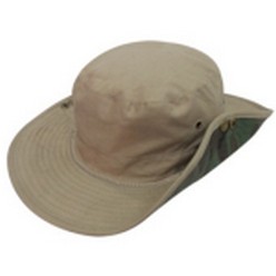 Safari reversible cowboy hat, 100% cotton twill with soft brim and toggle, sides clip up with press studs, metal eyelets