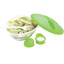 Salad bowl set with re-useable fork, transparent bowl, colour lid and container & fork store in lid, snap closure lid includes container for dressings, sauces, or other items