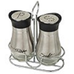 Salt & pepper set includes stand with easy carry handle made from stainless steel and glass