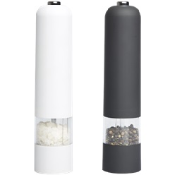 2 Piece Salt and Pepper Mill set consisting of black ABS pepper mill, white ABS salt mill, both with LED light, clear section and electric push button, 8 x AA batteries included