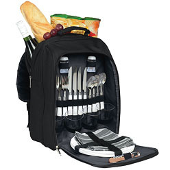 Backpack Picnic Set in a black 600D cooler backpack, includes main zippered cooler compartment, front zippered compartment with 4 x knives, forks, spoons, wine glasses, plates, napkins, a salt and a pepper shaker and bottle opener, and adjustable shoulder