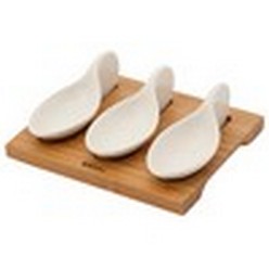 3 Ceramic speciality spoons in a bamboo base