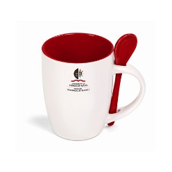 An ideal and useful gift that will be appreciated by its recipient. Inner mug and spoon share the same colour. 5 bright colours to choose from. AB grade ceramic  0.325L /10.2 ( h ). Includes colour matching gift box, Ceramic care instructions Do not scratch print, Avoid using strong detergents to clean, Hand wash only, Do not use scourer or abrasive Cloth o wash, Do not soak in hot water for prolonged periods