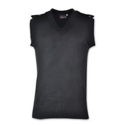 Security jersey sleeveless, 7 gauge acrylic yarn, v-neck, epaulettes, sleeveless has a ribbed neckline, armholes and waistband