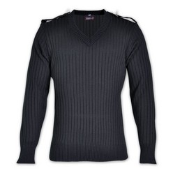 Security jersey long sleeve, 7 gauge acrylic yarn, v-neck, epaulettes, long sleeve has a ribbed neckline, sleeves and waistband