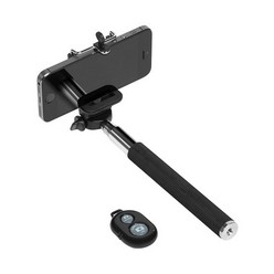 Extendable selfie stick with adjustable mobile device holder and Bluetooth remote