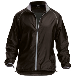 Shield Jacket: Raglan long sleeve, mesh air vent on back, elasticated draw cord with side toggles, thumb strap, back zip pocket, no lining, 100% polyester rip stop, water resistant
