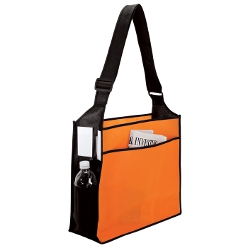Shoulder Tote, Large front pocket, Two side business card windows, Two side pockets, bottom stiffener, Eco-friendly recyclable Non-woven polypropylene Back with open slide to fit on a trolley handle