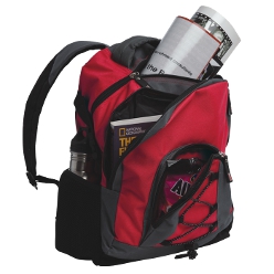Sierra Backpack: Mesh side pockets, Front zippered pocket, front zippered pocket, main zippered compartment, padded adjustable shoulder straps, elasticated cord pullers