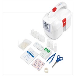 PBT bandages • 1 x scissors • 2 x swabs • 1 x tape • 1 x triangle bandage • 6 x alcohol pads • 10 x plasters • 2 x disposable vinyl gloves • 1 x plastic tweezer • 1 x packet of cotton balls • torch with white LED light • 4 x AA batteries included