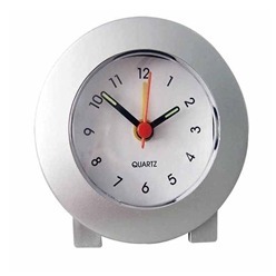 Round silver Desk Alarm Clock with white face, black numbers and luminous dials