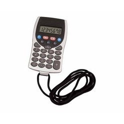 Silver and black 8 digital calculator with neck strap