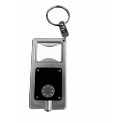 Silver and black bottle opener LED torch keyring in white box